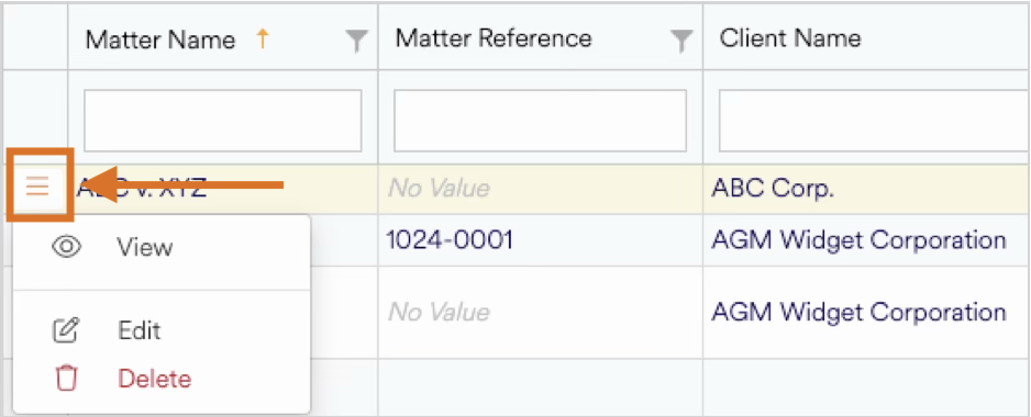 Table displaying matter names, references, and client names with action options.